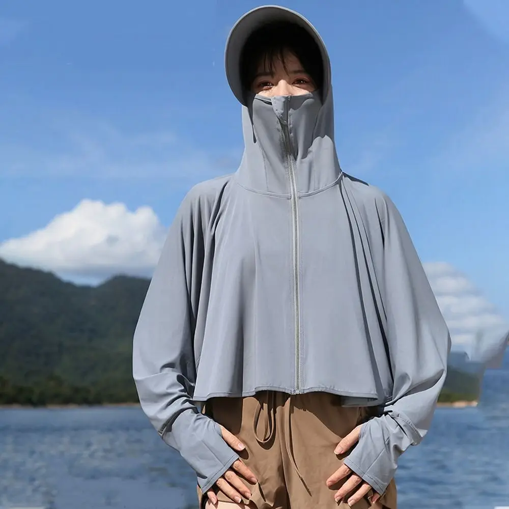 Сплошной цвет, солнцезащитная толстовка с большими полями, шляпа с длинным рукавом, летняя солнцезащитная шаль, плащ с маской, вуалью, короткая куртка из ледяного шелка, женская