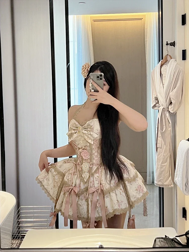 High-end Heavy Industry Elegant Daily Lolita Skirt Sets Sweet Bow Vintage Printed Halter Top Ball Gown Skirt Women Two-Piece Set