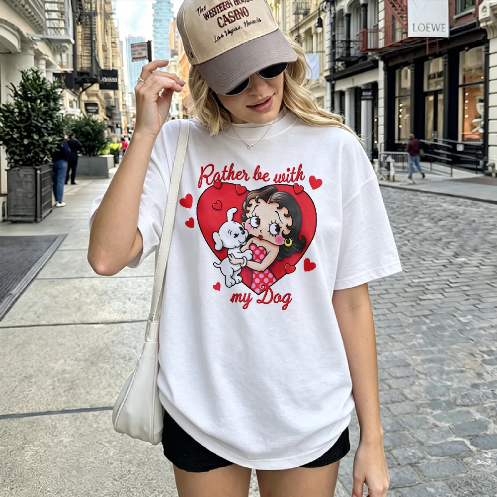 Funny T-shirs Rather Be with My Dog Retro T-Shirt, Vintage Cartoon Dog Lover Graphic Tee, Classic Betty-Boop Heart Cotton Shirt