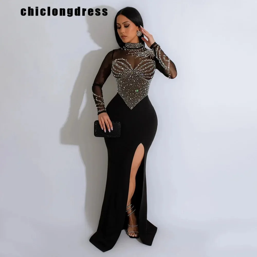 

Luxury Diamond Fishtail Dress for Women, High Neck, Long Sleeve, Diamond Mesh Floor, Evening Dress, Autumn, Winter, Sexy, Fashio