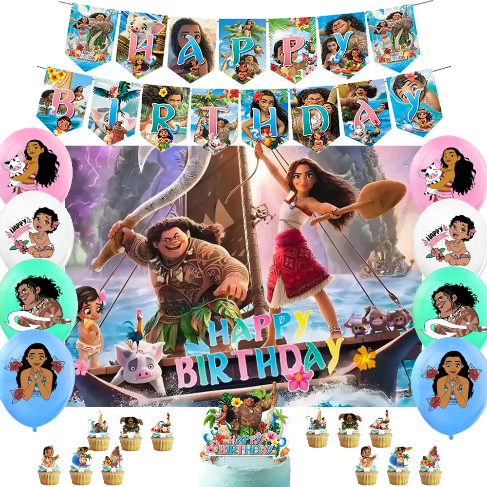 

New Moana Princess Vaiana Girls Birthday Party Decoration Supplies Cake Topper Balloon Baby Shower Festivel Gift Banner Backdrop