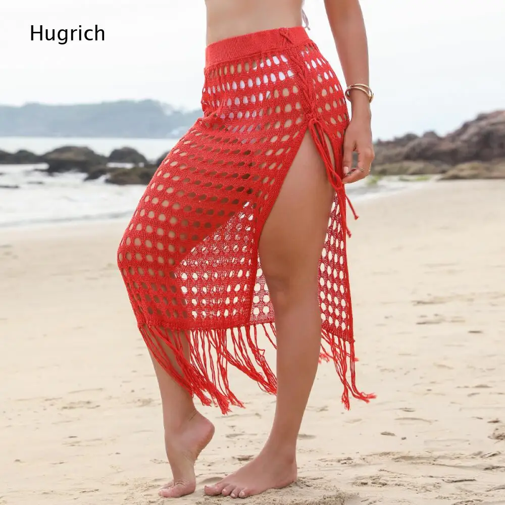 Solid Red Hollow Knit Midi Cover Up Skirt Elastic High Waist Side Tie High Slit Fringe Hem Beach Wrap Bottoms For Women
