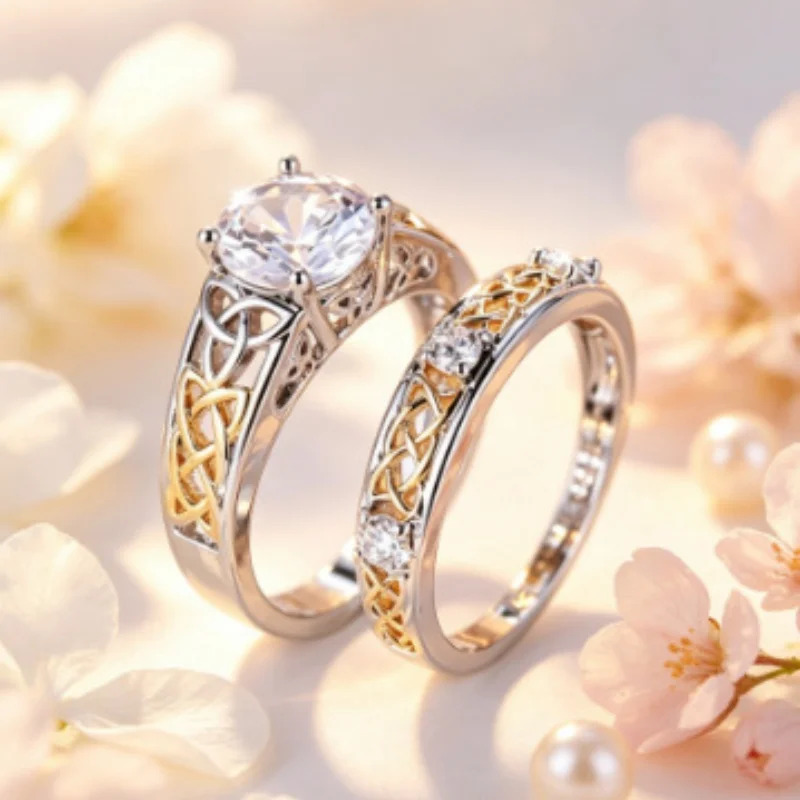 2026 New European and American New Two Tone Color Separation Couple's Ring Elegant Trend Hollowed Out Retro Zircon Accessories