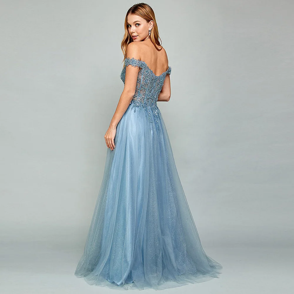 YQLNNE Pretty Dusty Blue Long Prom Dresses Off Shoulder Beaded Tulle Sequins Back Zipper Formal Women Party Gown