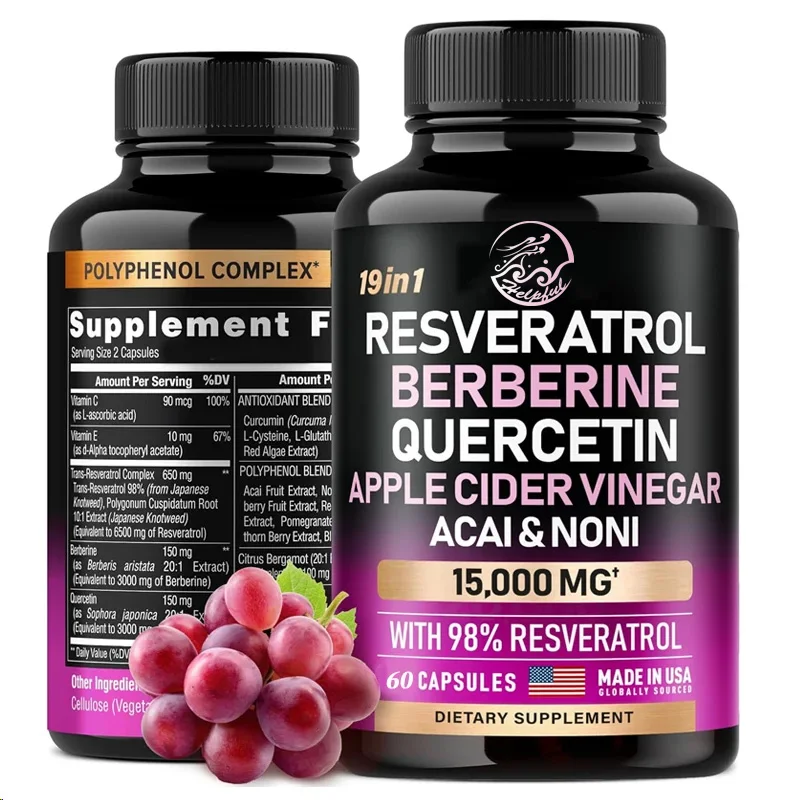 Resveratrol 60 Capsules Supplement 15000mg 19-in-1 Organic Polyphenol Complex Astartate Quercetin Apple Vinegar Antioxidant