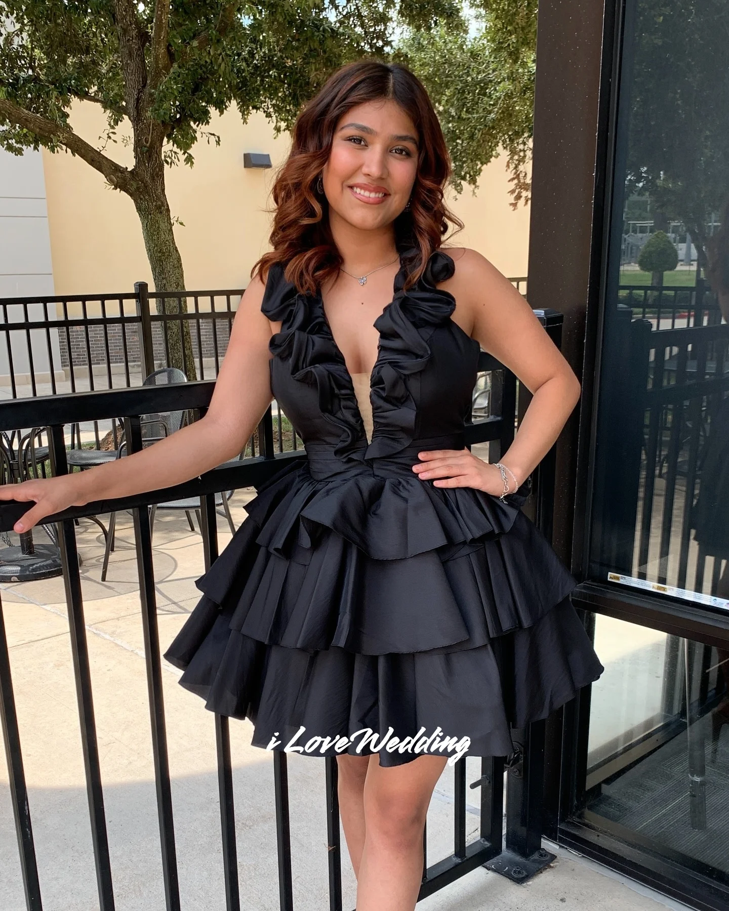 Black V-neck Homecoming Dress Halter Sleeveless Mini Skirt A-line Skirt Ruffles Birthday Dresses Multi-Layered Modern Customized