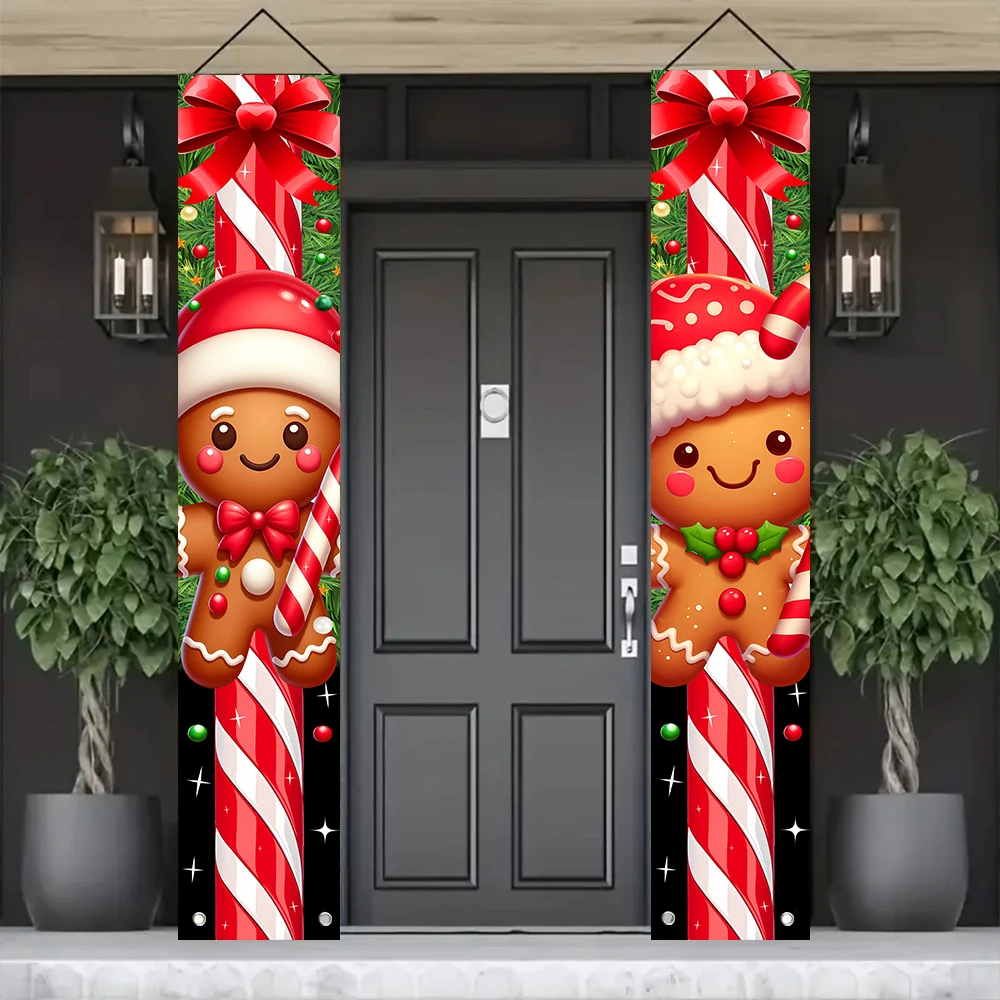 Christmas Gingerbread Man Porch Banner Set Polyester Xmas Candy Cane Door Hanging Sign For Home Holiday Front Door Decoration