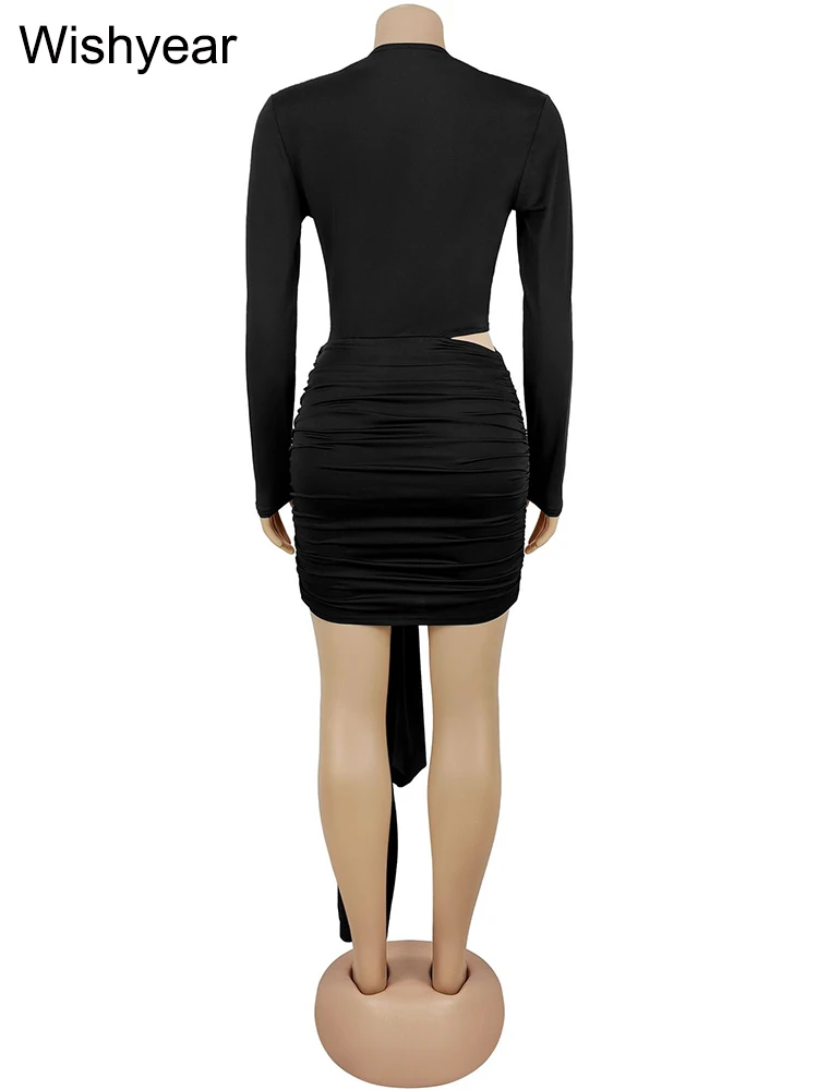 ชุดมินิเดรสสีดำรัดรูปแบบริบบิ้นเซ็กซี่จาก Wishyear สำหรับผู้หญิง คอวีลึก ไร้ขอบเอว ผ้ารูดจีบช่วงสะโพก สไตล์ฮอตตี้ เหมาะสำหรับงานกลางคืนและงานพรอม