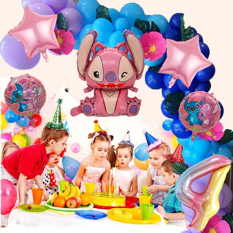 6 Pcs Pink Stitch Foil Balloons Set Digit 1-9 Years Old Balloons Cartoon Stitch Themed Baby Shower Kids Birhday Party Decoraions