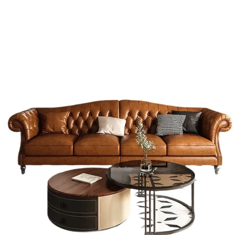 American leather sofa retro buckle three people, solid wood living room hotel furniture