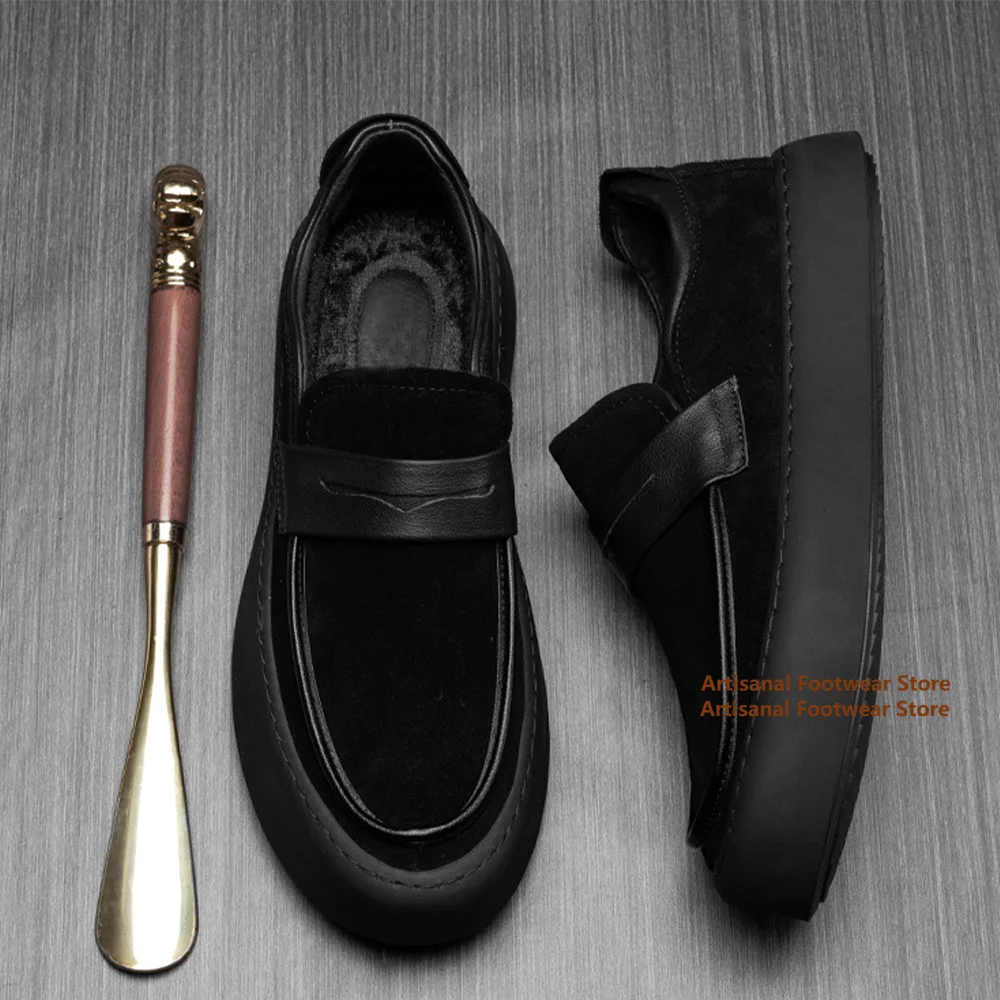 

Thick Soled Slip On Loafers Men's Shoes Black Leather Casual Shoes Cowhide Flats Outdoor Trendy British Style Men's Shoes