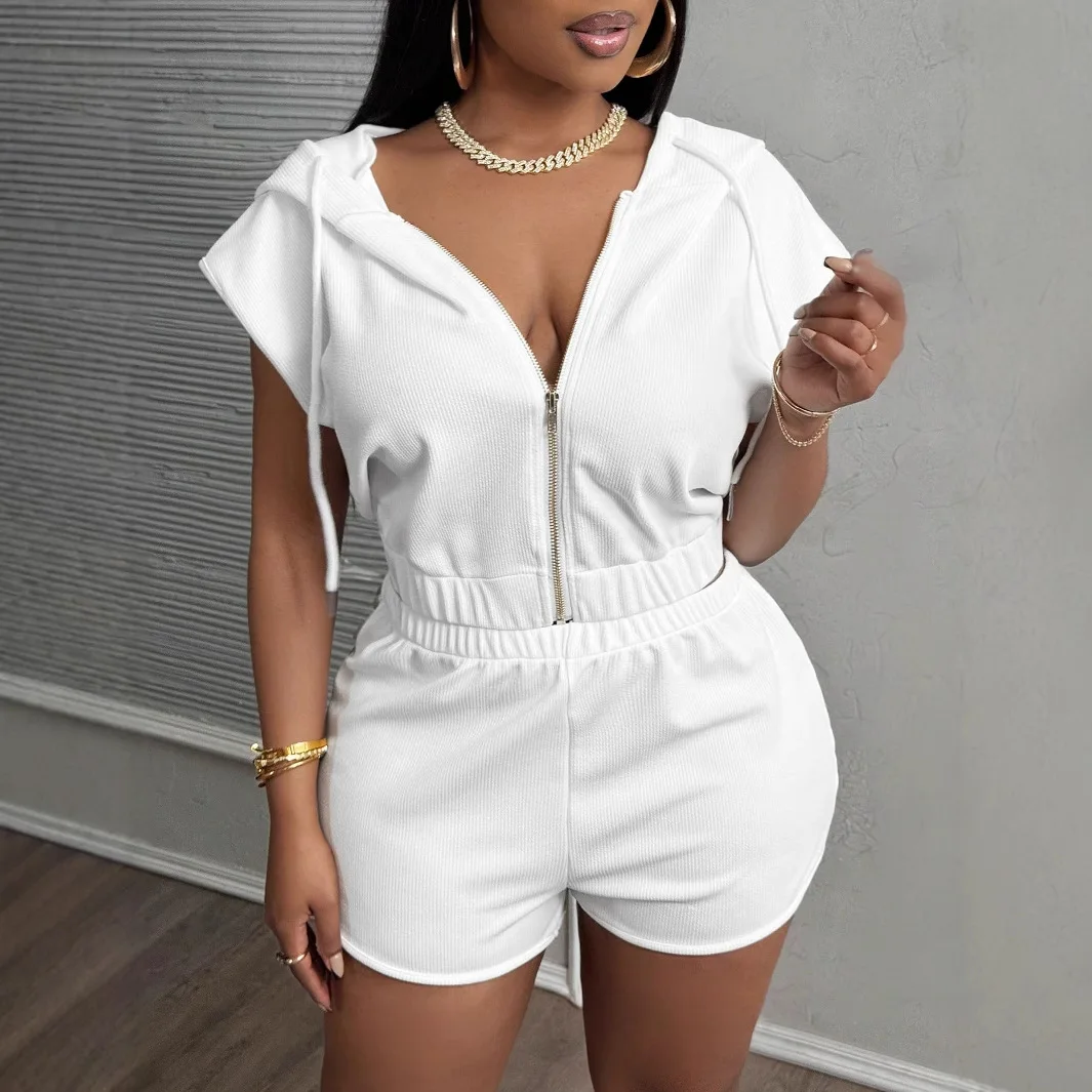 

2025 Summer New Style Fashion Personality Solid Color Short Zipper Hooded Short-sleeved Shorts Suit Костюм Женский