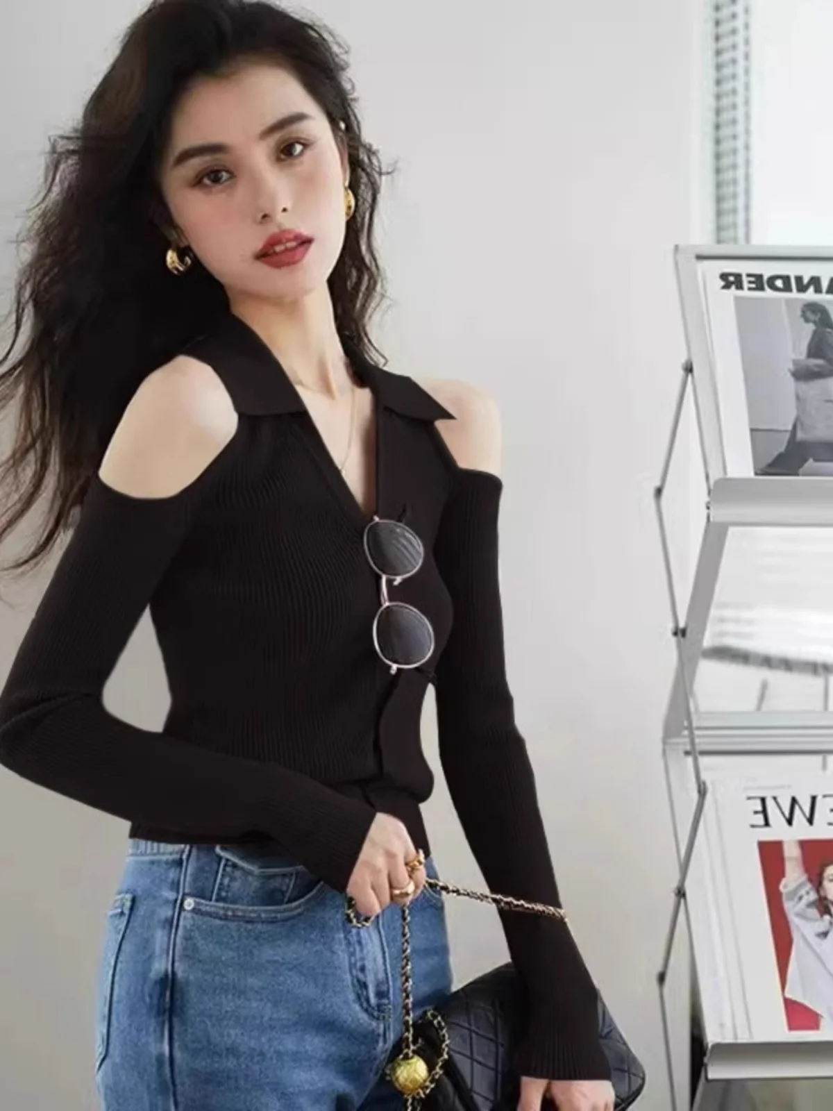 Elegant Black V-Neck Shoulder-Bared Long Sleeve Knitted Sweater Women's Autumn Winter Slim Fit Inner Wear Base Top Female