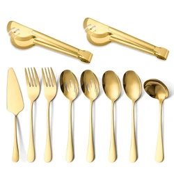 10 Pcs Western Gold Cutlery Sets Stainless Steel Serving Spoon Fork Knife Food Clip Colander Dinnerware Set Kitchen Tableware