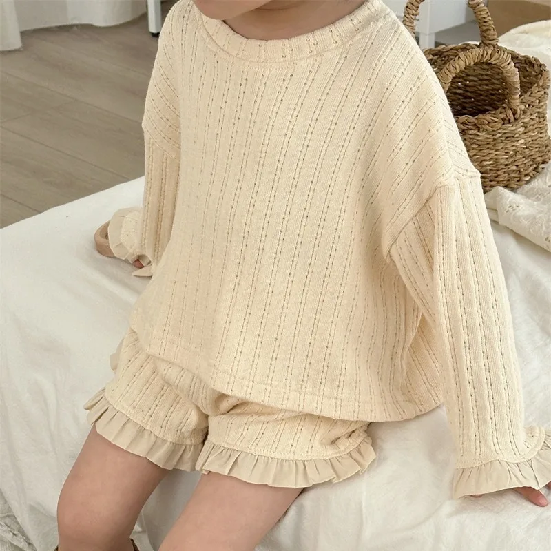 Children's Solid Color Western Style Short Top Shorts  Spring New Girls' Korean Edition Jacquard Lace Set
