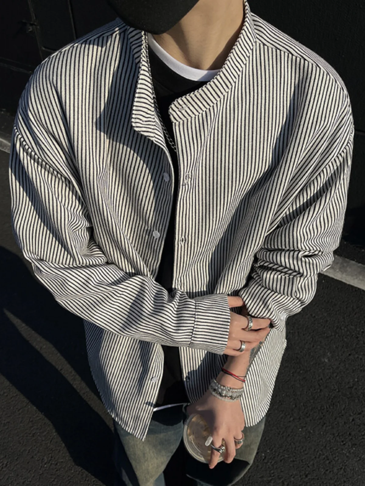 

Black Stripe Men's Shirt Long Sleeve American Style Spring Autumn Lazy Casual High-End Trendy Brand Loose Fit Youthful Popular