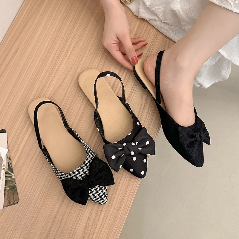 

2026 New Women's Fashionable Bow-Decorated Sandals Sexy Pointed Toe Open Heel Sandals Elegant Slip-On Party Flats Sizes 35-43