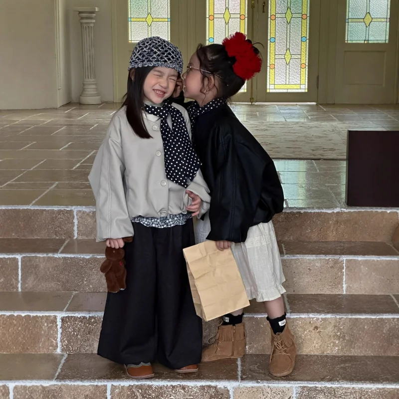 

25Autumn Casual Korean Style Elegant Versatile Girls' Batwing Sleeve Top Leather Jacket Coat Set