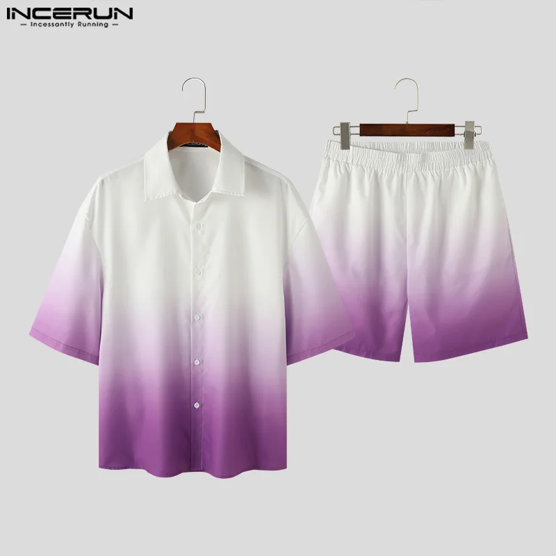 INCERUN Men Sets Tie Dye Gradient Lapel Short Sleeve Shirt & Shorts 2PCS Streetwear Summer 2024 Fashion Men\'s Casual Suits S-5XL