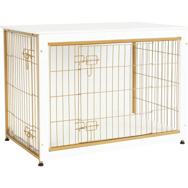 

DWANTON Dog Crate Furniture with Cushion, Wooden Dog Crate Table, Double Doors Dog Furniture,Dog Cage Large, 38.5" L, White
