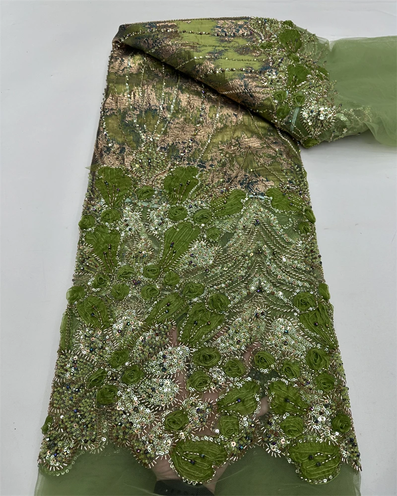 

African Sequins Lace Fabric Luxury Embroidery Green Beaded Mesh Lace 2026 Hot Sale For Wedding Dress And Clothing Women Fabric