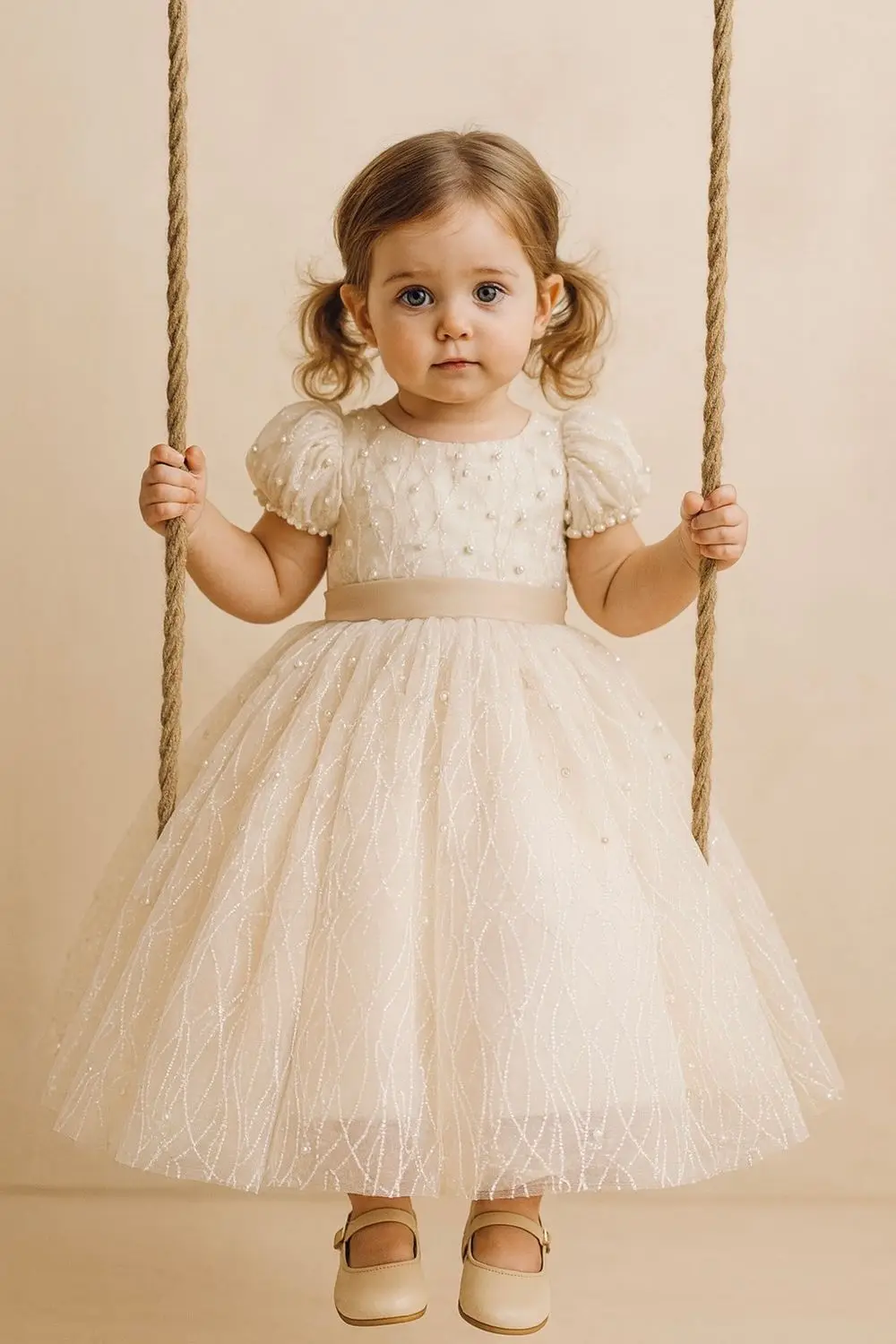 White Flower Girl Dress for Wedding Kids Cap Sleeve Lace Tiered Tulle First Communion Dress with Beaded Sashes Custom Vestidos