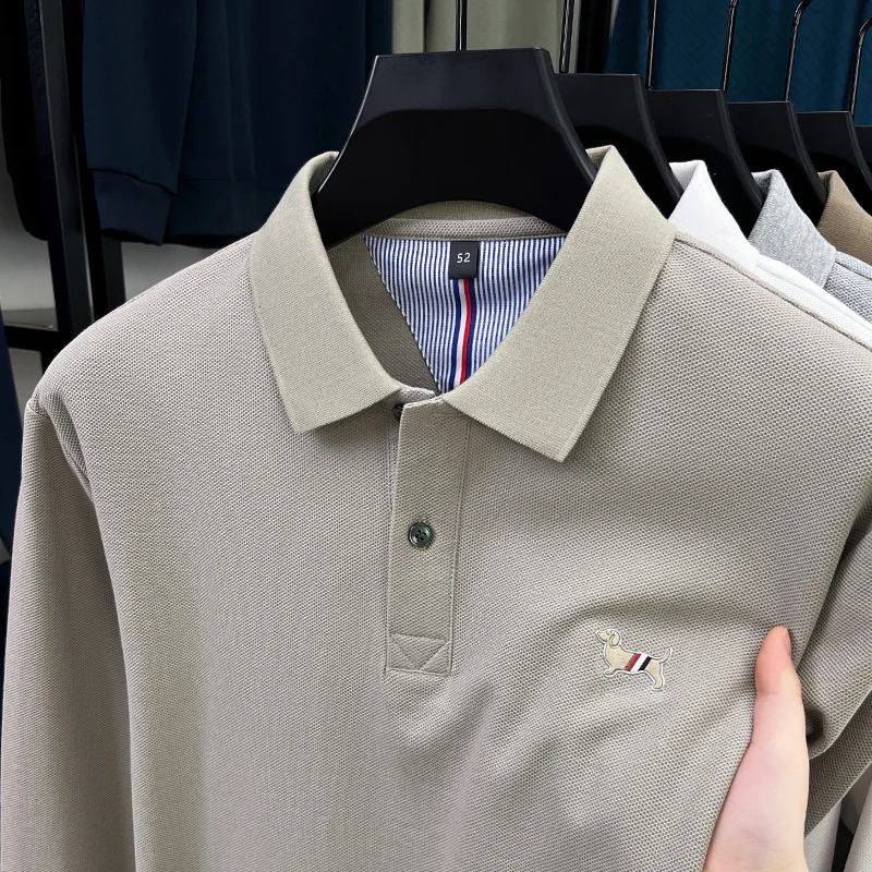 ضوء فاخر موضة 100% القطن الخالص قميص بولو الرجال بأكمام طويلة 2025 الخريف منتج جديد منتصف العمر أبي طوق قاعدة تي شيرت