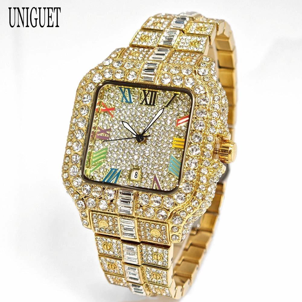 New Luxury UNIGUET Men\'s Fashion Diamond Watch Hip Hop Iced Bling Color Jewelry Square Quartz Wristwatches Stylish Men Accessory