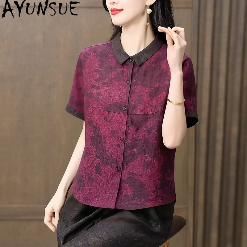 AYUNSUE Blouse 100% Soie de Mûrier Véritable pour Femme, Chemises Xiangyunsha pour Femme, Vêtements Vintage Amincissants d'Été, Nouvelle Blouse Femme 2026