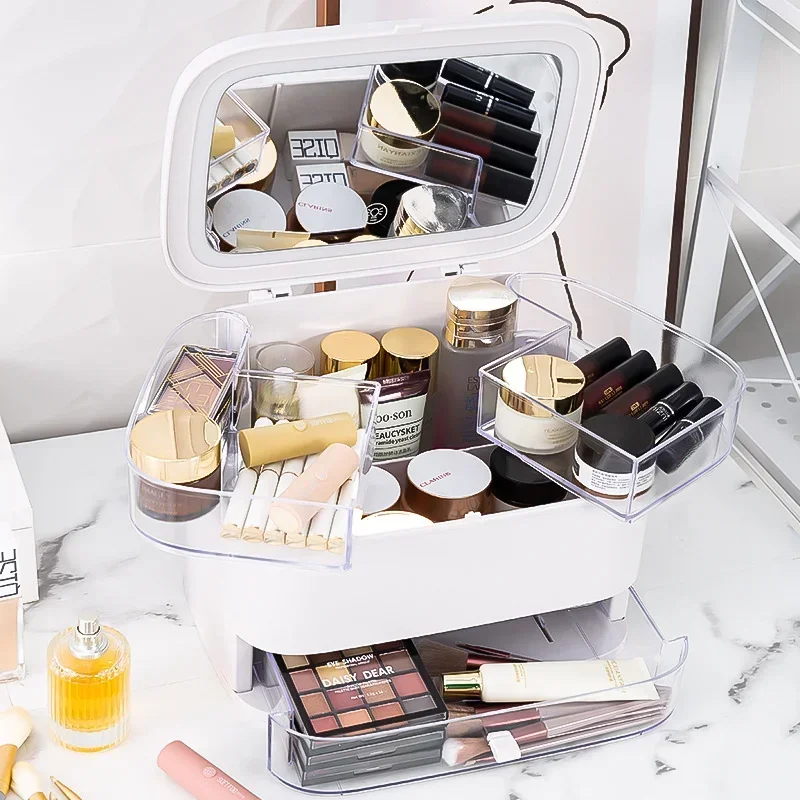 

2025Cosmetics storage box Desktop with mirror integrated dressing table Skin care products perfume storage shelf lipstick storag