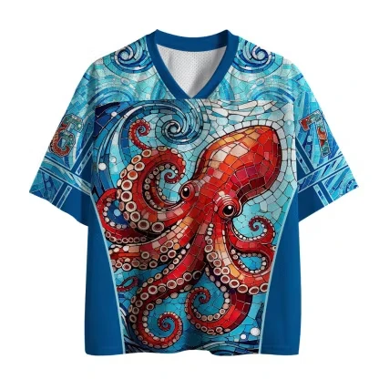 Octopus Ocean Wave Print, Retro Stained Glass Marine Animal Art Short-sleeved Top, Harajuku Style Unisex Street Sports T-shirt.