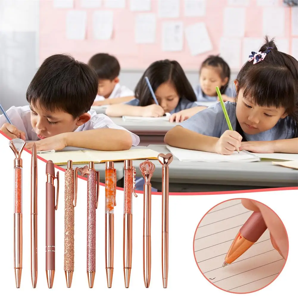 

9pcs Rose Gold Metal Ballpoint Pen Set Crystal Diamond Pen Black Ink Ballpoint Pen For Women Office Glitter Pen Wedding Sup M3o1