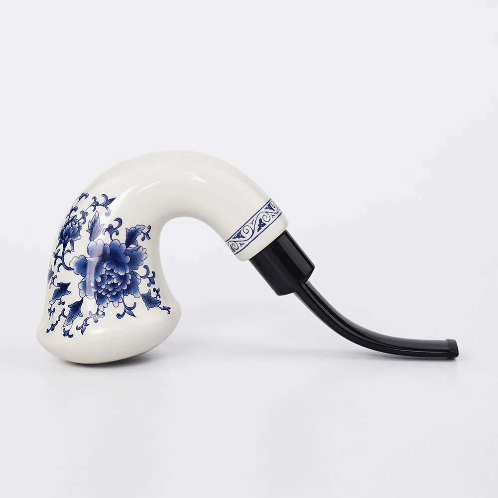 Chinese style ceramics Tobacco Pipe Calabash with Bent Acrlyic Stem Mouthpiece 9 mm Paper Filters Pipe Stand Rack Set blue+white