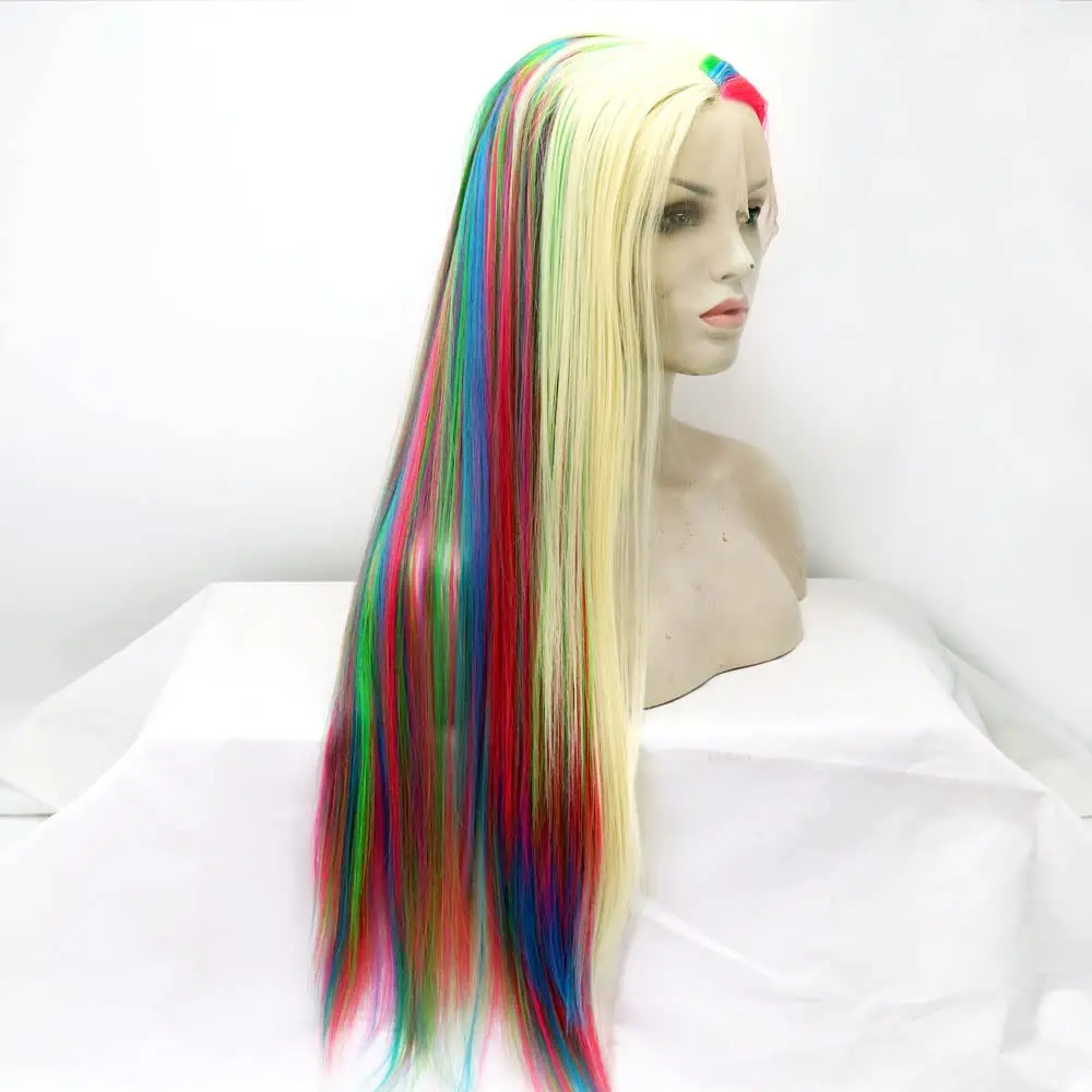 613#Mixed Blonde Colorful Wig Synthetic Rainbow Lace Front Wigs Long Silky Straight Wig Heat Resistant Fiber Long Wigs Cosplay