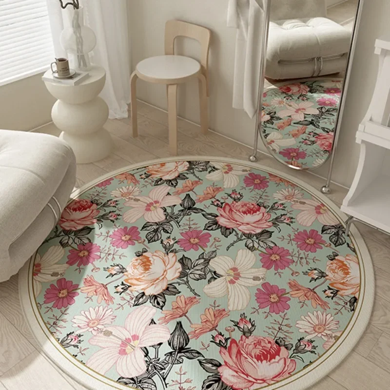 Living Room Cloakroom Dressing Table Round Carpet Bedroom Bedside Comfortable Non-slip Foot Mat Retro American Pink Floral Rugs