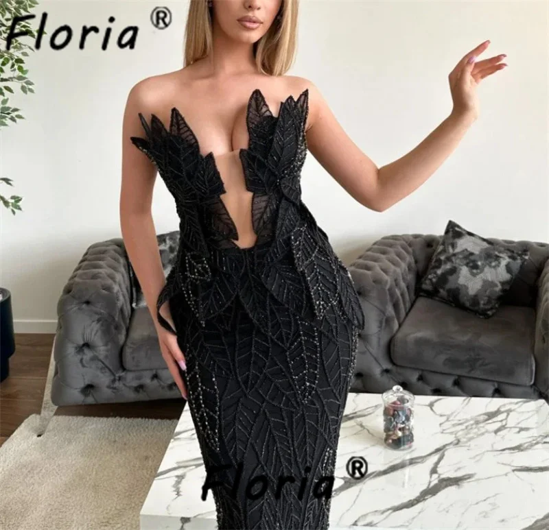 Special Design Black 3D Lace Leaves Evening Dresses Sparkly Beads Floor Length See Through Long Cocktail Party Dress Couture