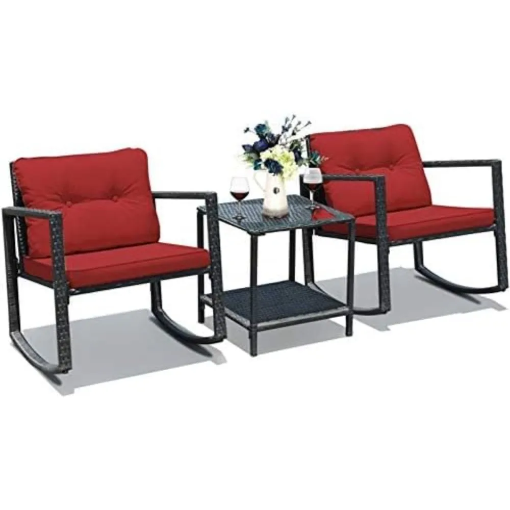 Zestaw mebli ogrodowych z wikliny rattanowej: 3-częściowy zestaw bistro z fotelami bujanymi i stolikiem kawowym