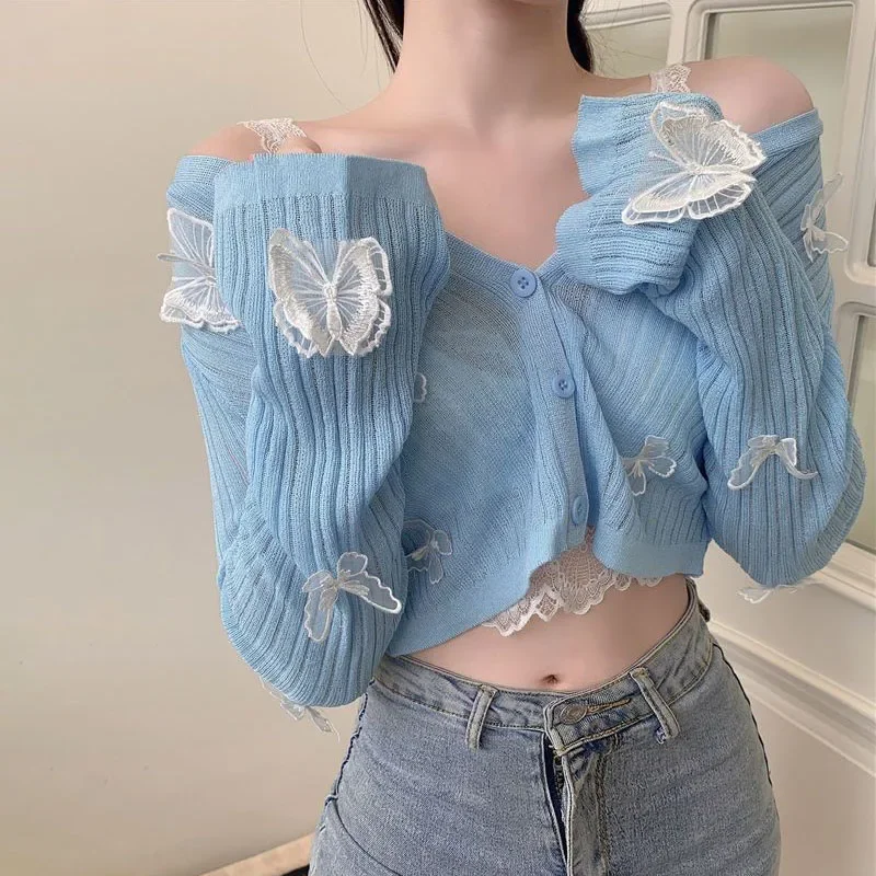 

Sexy V-Neck Butterfly Cropped Cardigan for Woman Korean Button Knitted Crop Tops Women Summer Cute Long Sleeve Sweater Jacket