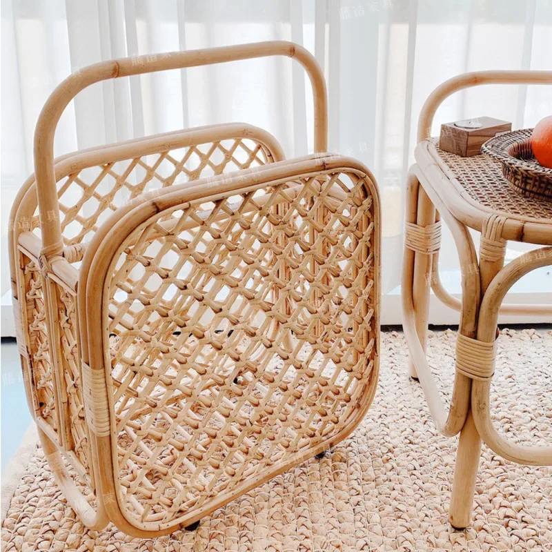 Nordic Wind Rattan Woven Organizer Basket Ins Grid Magazine Stand Landing Newspaper Storage Holders Living Room Decoration Rack