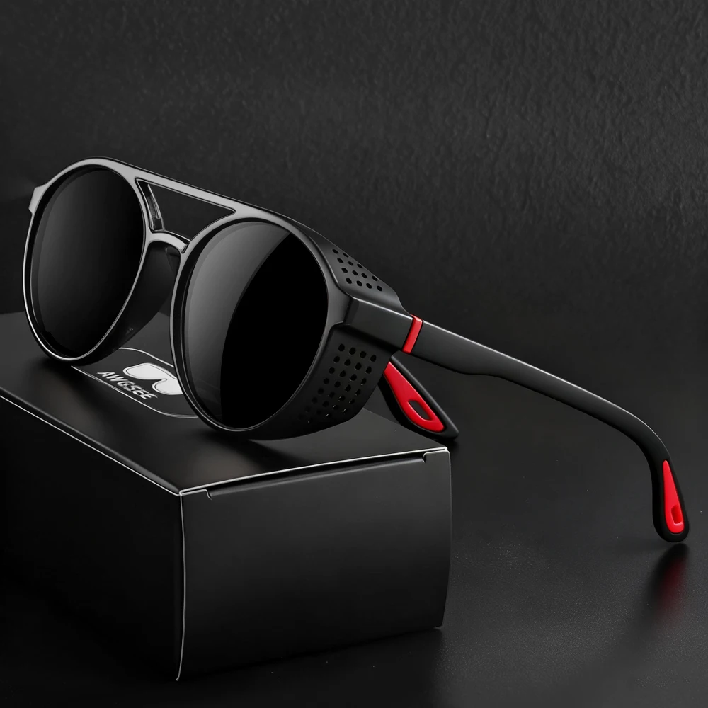 Runde polarisierte Sonnenbrille, Steampunk-Sonnenbrille, Sport-Laufbrille zum Angeln, Fahren, für Männer und Frauen