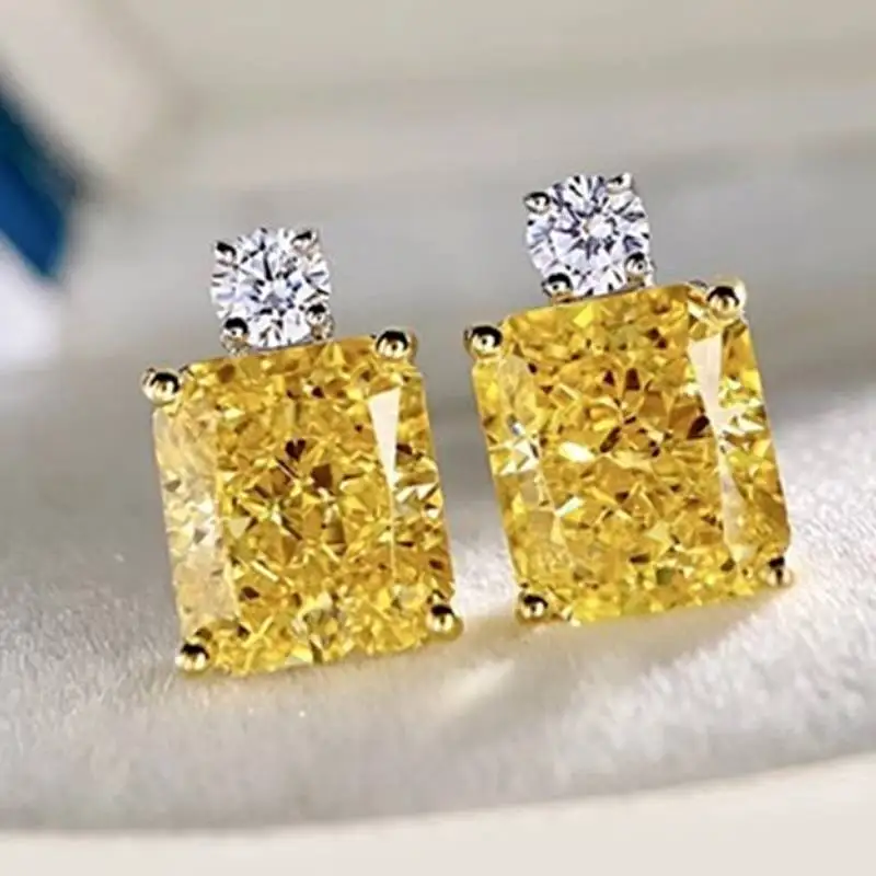 Huitan Simple Style Women Stud Earrings Inlaid Bright Yellow Cubic Zirconia Fashion Party Accessories Versatile Daily Jewelry