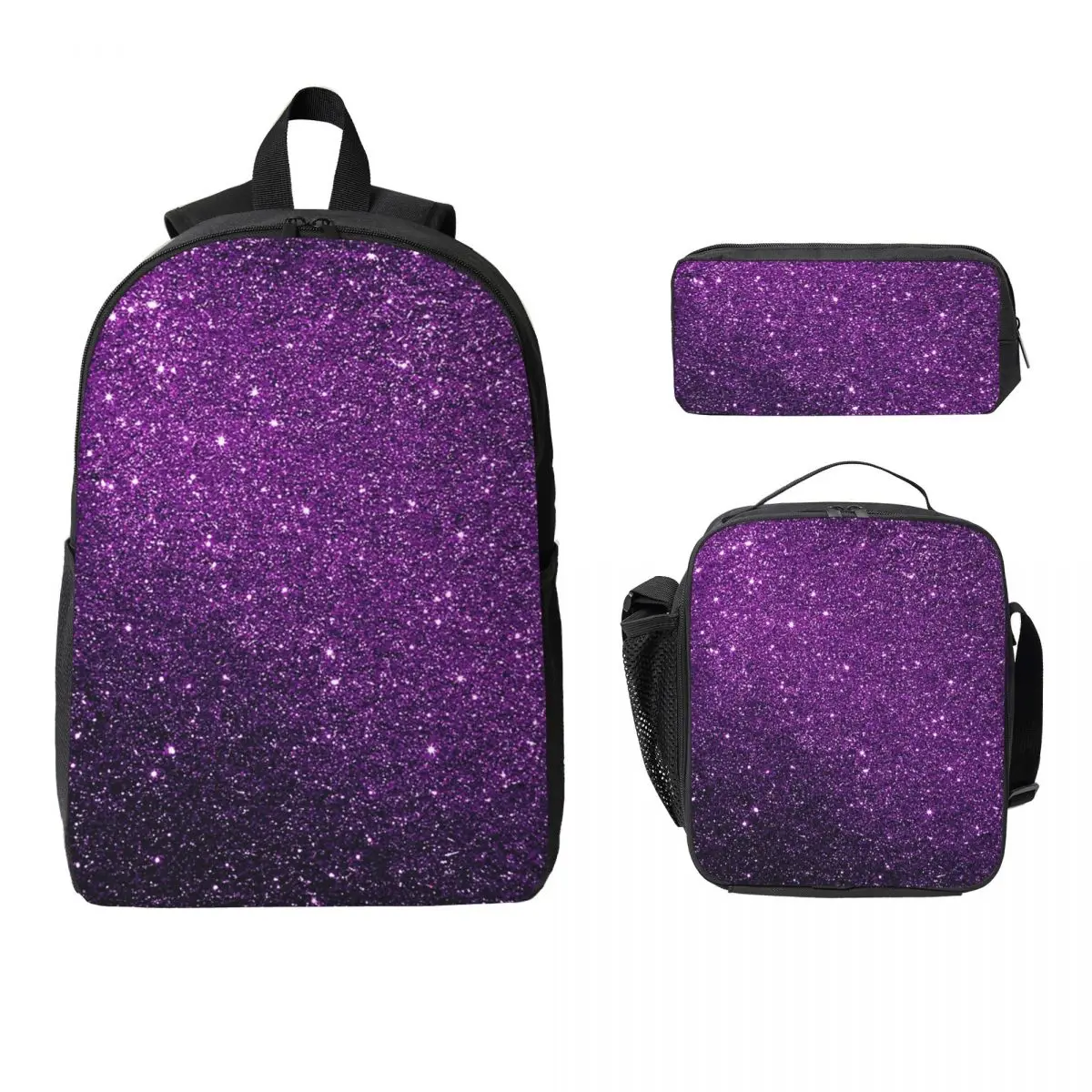 

Gradient Purple Glitter Pattern Backpack Boys Girls BookBag School Bag Laptop Shoulder Bags 3ps Insulated Lunch Bag Pencil Case