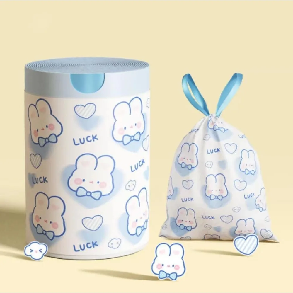 1 Pack 100 Pcs Cute Lucky Rabbit Drawstring Trash Bags, Thick Leakproof Printed Disposable Garbage Bin Liners, Portable Kawaii Waste Bags for Kitchen Bedroom Bathroom Dorm Travel Gift