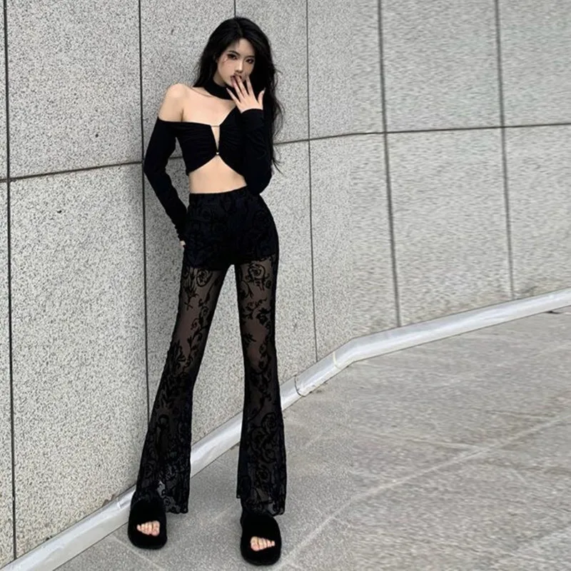 Sexy Lace Wide-leg Pants 2024 Summer Women Cool Black Hollow-out Pants Spice Girl Lace Slim Flare Pants High-waisted Trousers