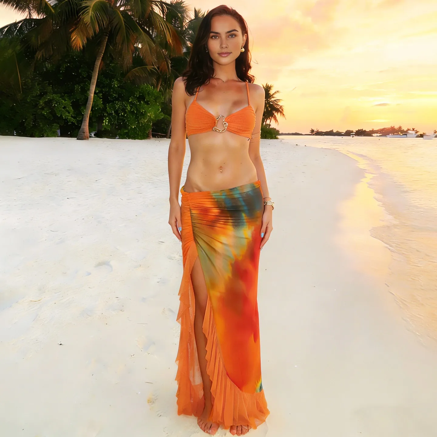 

Vacation Dress Spring Long Slit Dresses Tie Dye Orange Gradient Maxi Dress High Slit Sheer Wrap Dress Back Tie Metallic Ring