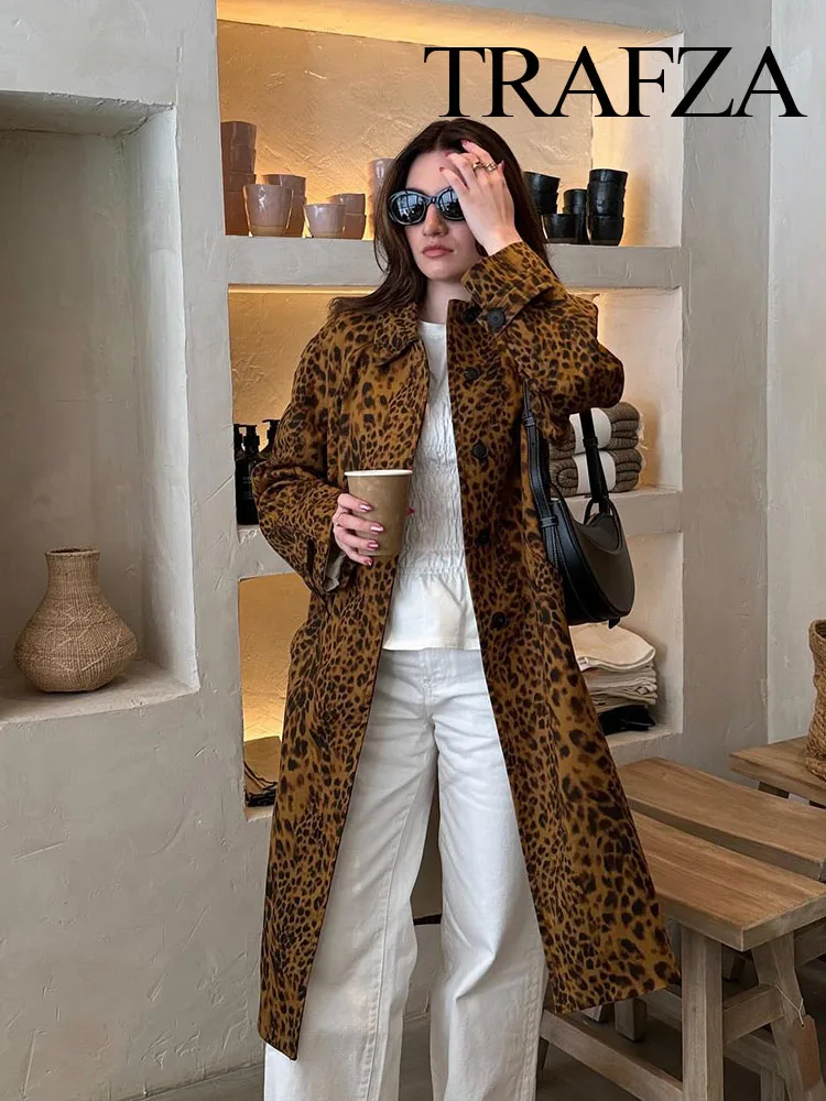 

TRAFZA Elegant Woman Long Sleeve Hidden Buckle Pocket Loose Slim Overcoat Women Vintage Leopard Print Lapel Jacket Coat TRAF