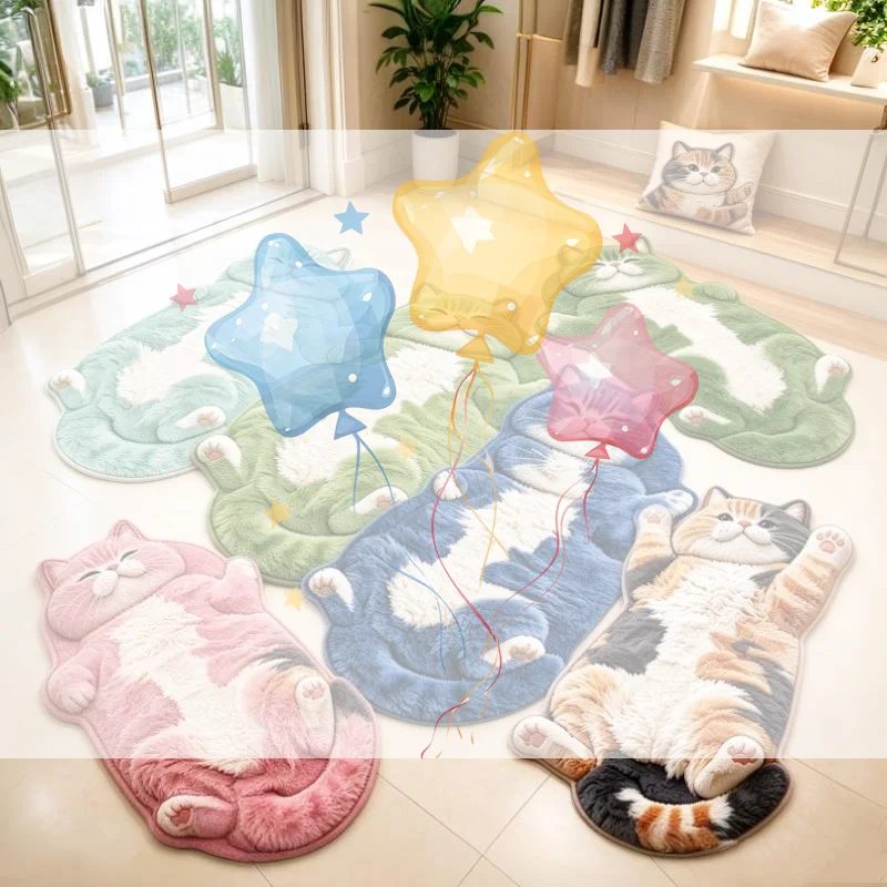 Chubby Lying Tabby Cat Shaped Long Rug 2D Furry Effect Print Non Slip Soft Bedroom Bedside Absorbent Floor Carpet