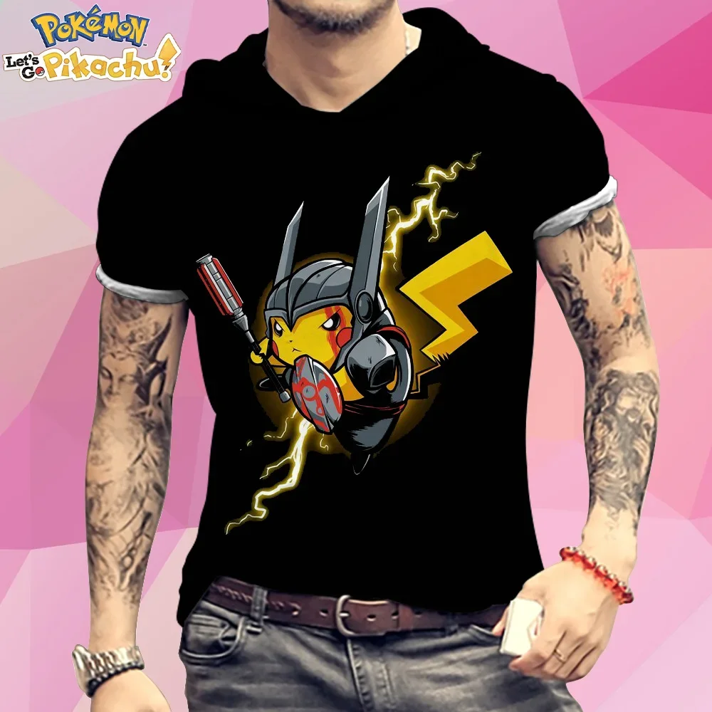 Fashion T-shirt Men Pokemon 3XL Hooded Pikachu Cute T-shirts Men's Essentials Harajuku Style Kawaii Pikachu New High Quality Y2k