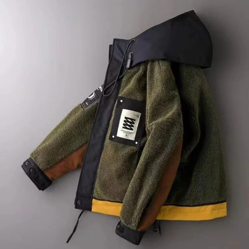 

Winter Color-blocking Warm Lambskin Thickened Down Jacket Color-blocking Youth Coat American Hooded Cotton-padded Jacket for Men