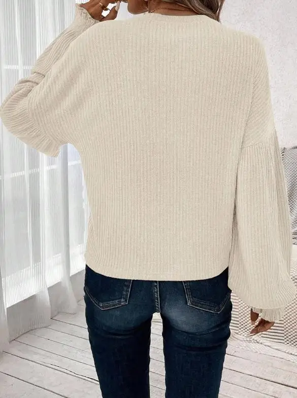 

Women's Casual Stylish Crew Neck Long Sleeve Knitted Sweater Ribbed Fabric with Lantern Sleeve Loose-Fit Top